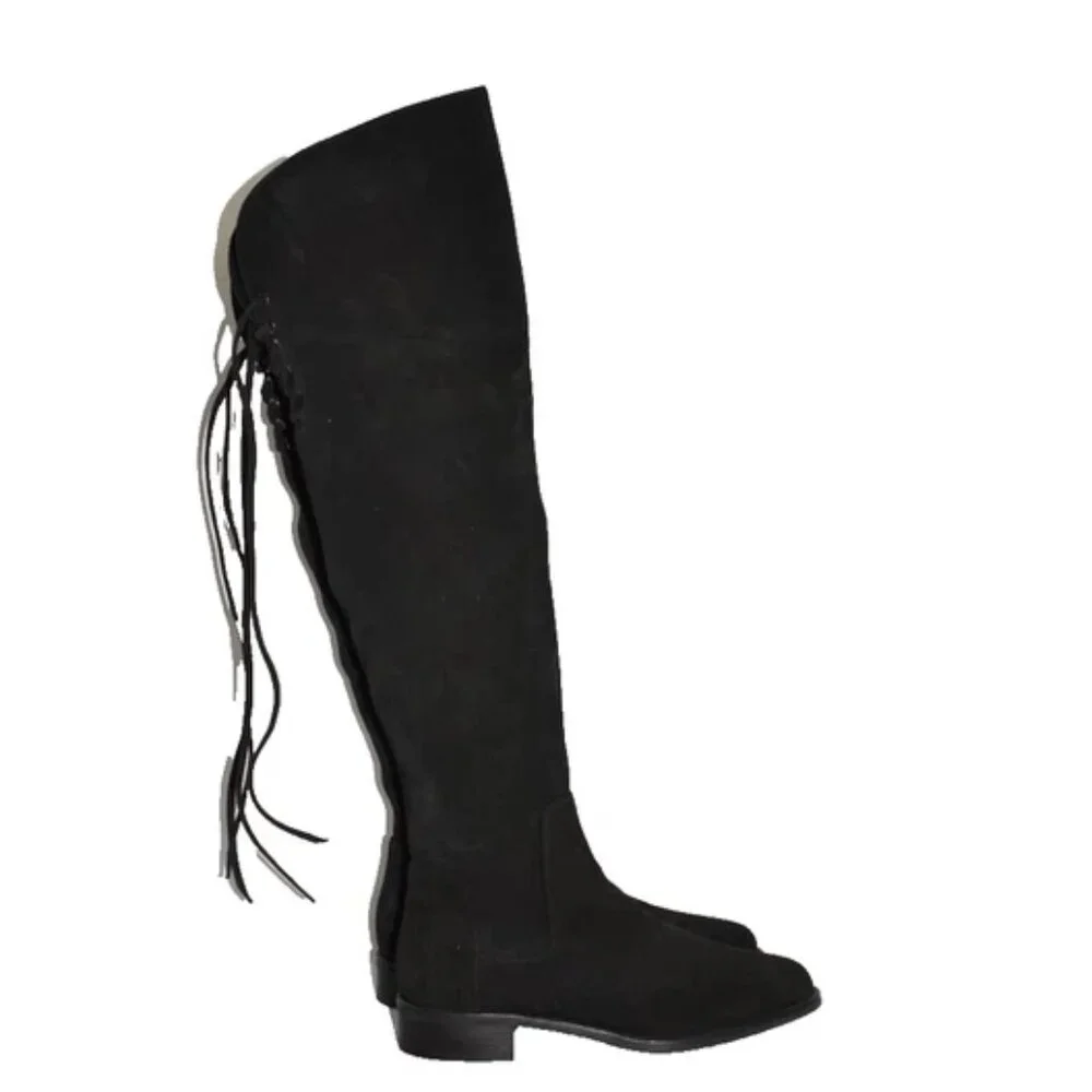 $750 AQUATALIA NICKI BLACK SUEDE WEATHERPROF OVER THE KNEE BOOT LACE 6.5 (MG16.5